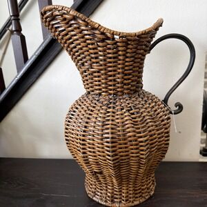 Large Vintage Metal And Wicker Pouring Pitcher 15" Tall 13" Wide Approximate